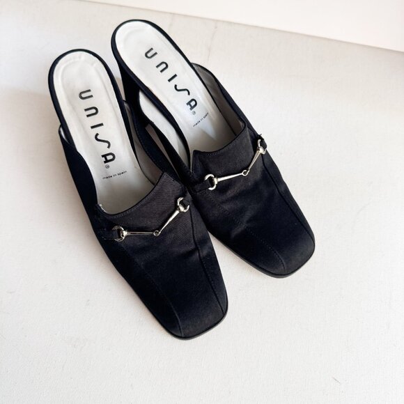 Vintage Unisa Black Satin Horsebit Detail Block Heel Slides 7.5B - Picture 3 of 10